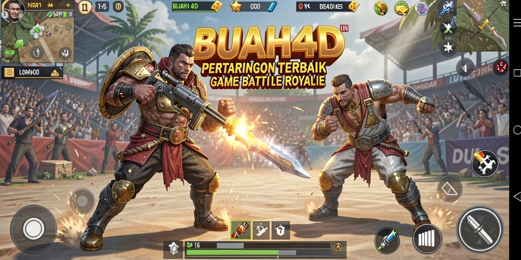 Tampilan gameplay seru dalam BUAH4D saat pertarungan berlangsung.