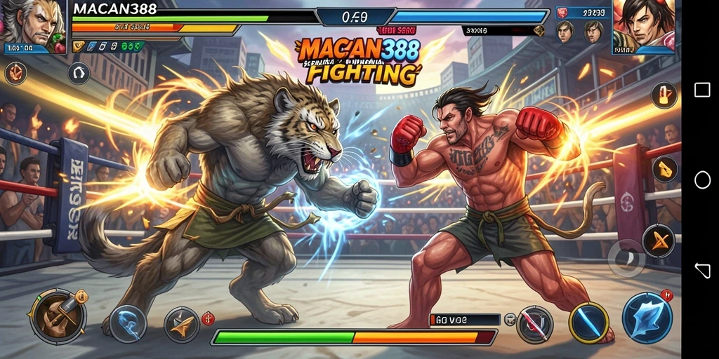 Tampilan action-packed dari gameplay MACAN388 dengan karakter bertarung.