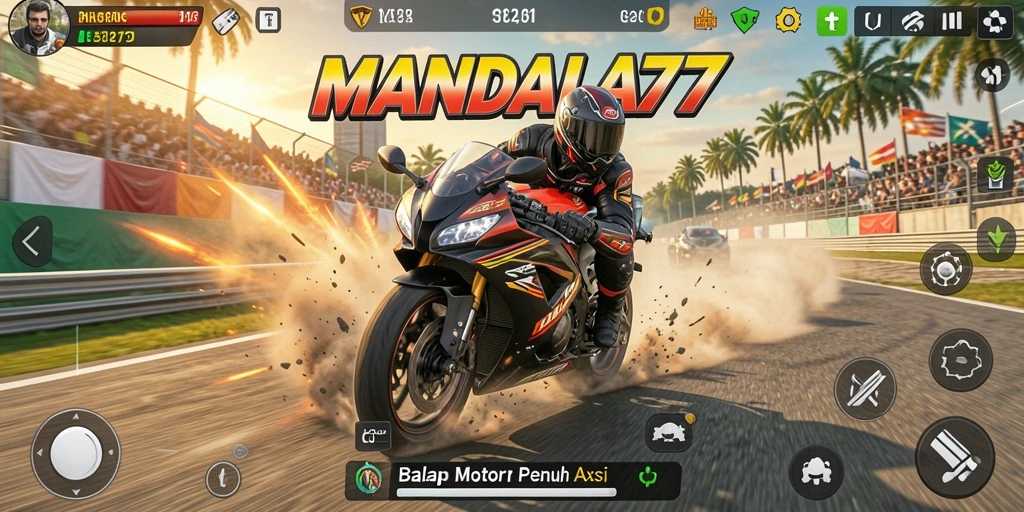 Gameplay seru MANDALA77 dengan aksi balap motor menegangkan.