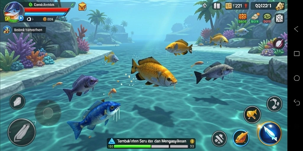 Screenshot gameplay QQ1221 yang menampilkan aksi tembak ikan seru.