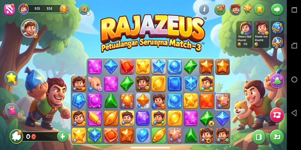 Tampilan gameplay seru di RAJAZEUS dengan permata berwarna-warni.