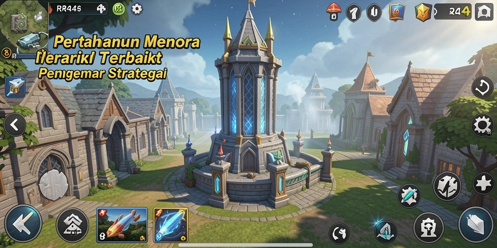 Screenshot gameplay RR44 menampilkan menara pertahanan yang kokoh melawan gelombang musuh.