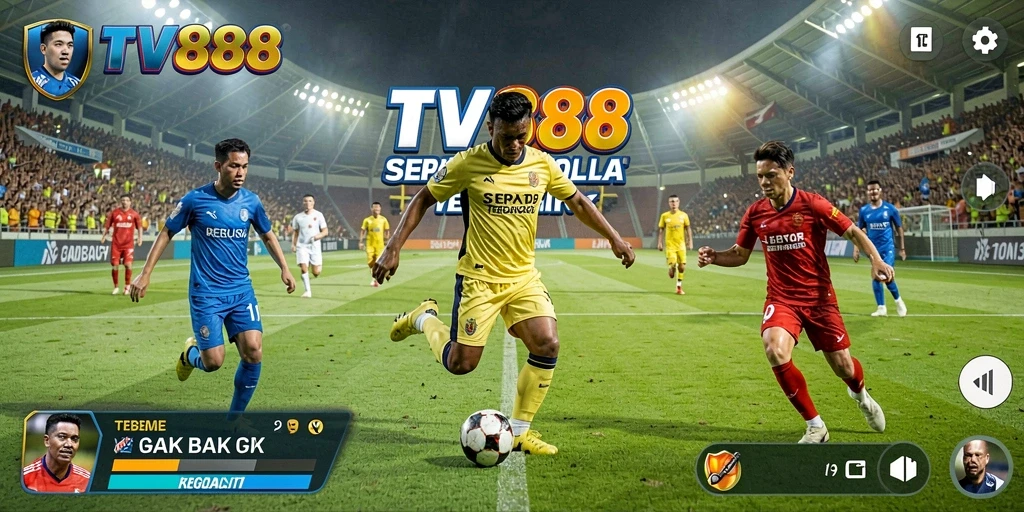 Screenshot TV888 menampilkan aksi seru dalam pertandingan sepak bola.