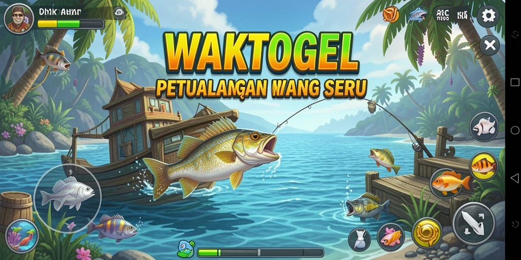 Screenshot utama WAKTOGEL menunjukkan aksi seru memancing di laut.